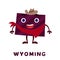 Cute cartoon Wyoming state character clipart. Illustrated map of state of Wyoming of USA with state name. Funny character design