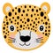 Cute cartoon yellow face of leopard. A single stylized portrait of a wild animal living in the jungle on a white background.