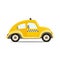 Cute cartoon yellow taxi car. Taxi vector illustration on white background. Public transport image. Colorful vector icon of yellow