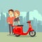 Cute cartoon young lovers and bike on city landscape - modern date concept