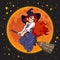 Cute cartoon young witch flying on broom stick on full Moon background. Vector.