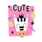 Cute. Cartoon zebra with hand drawing lettering, stars, decor elements on a stylized pink figure. Colorful flat style vector illus