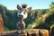 Cute Cartoon Zebra With Very Big Eyes And A Pitying Look Against A Rock Ledge With A Magnificent View. Generative AI