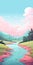 Cute Cartoonish Pink Mountain Valley Landscape With River