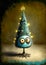 Cute cartoons monsters in Christmas tree costume on dark background