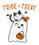 Cute Cat on adorable ghost Trick or Treat Halloween basket cartoon flat vector illlustration