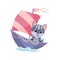 Cute cat animal sailing on boat. Vector funny cartoon sailor on sailboat with water waves isolated on white background