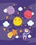 Cute cat with astronaut suit planets star and sun space adventure cartoon