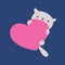 Cute Cat Biting a Pink Heart Isolated on a Dark Blue Background.