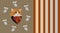Cute cat with bow and mouses with white flags isolated on bronze background.