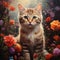 A cute cat is captured in a photorealistic portrait amidst a natural setting filled with flowers by AI generated