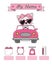 Cute cat in car. Baby birth print. Baby data template at birth