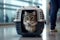 Cute cat in a carrier at the airport. Traveling with animals. Generative AI