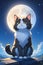 A cute cat in cartoon character, sitting on a moon light night, adorable, anime, digital art, animal, clouds, fantasy