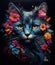 A cute cat with colorful flowers in his head dark foreboding colors Generative AI