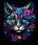 A cute cat with colorful flowers in his head dark foreboding colors Generative AI