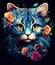 A cute cat with colorful flowers in his head dark foreboding colors Generative AI