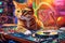 Cute Cat DJ playing in dancefloor club, mixing beats with their paws , igniting a global dance known as The Feline Groove