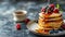 Cute cat face pancake with berries and honey on white plate, bright background, copy space for text