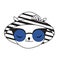 Cute cat in fashionable summer hat and sunglasses. Doodle, hand drawn style icon, pin