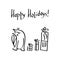 Cute cat and gift boxes. Doodle style cartoon. Happy holiday, handwritten inscription, vector illustration, black and white