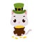 Cute cat in green leprechaun hat holds bowler with gold coins. Irish holiday folklore theme. Cartoon design for cards