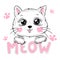 Cute cat head with lettering meow sweet white kitten, pink paws