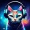 Cute cat with headphones listening to music on the background of outer space. Generative AI