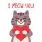 Cute cat holding heart. I meow you greeting card for saint valentine day, 14 February. Sweet domestic animal in love. Vector