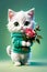 cute cat holding roses , isolated on a green background