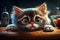 Cute Cat Kitten With Crazy Eyes Lying On Table And Looks Towards The Camera - Generative AI