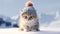 Cute cat kitten wearing a bobble hat on white snow during winter