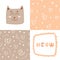 Cute cat with lettering meow for print and two different abstract patterns for cozy clothes design