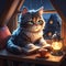 Cute cat lies and sleeps in a cozy attic at home with a cup of coffee and rain outside the window,