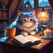 Cute cat lies and sleeps in a cozy attic at home with a cup of coffee and rain outside the window,