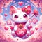 A cute cat with love, surrounded by the sakura flower, holding a heart, cartoon, romantic, digital anime art, adorable animal