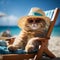 Cute cat lying on chaise lounges on a beach wearing sunglasses and a hat, AI Generated, cat vacation to beach, cat relaxing on a