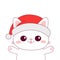 Cute cat. Merry Christmas. Red Santa Claus hat. White kitten. Contour line doodle pet. Smiling face, pink paw print. Kawaii animal