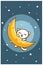 Cute cat with moon at the night animal cartoon illustration