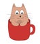 Cute cat in red cup. Brown kitty in mug. Animal vector illustration for greeting card or poster.
