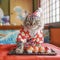 cute cat in a robe, sushi on the table