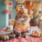 cute cat in a robe, sushi on the table