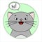 Cute Cat, Round Icon, Emoji. Gray Cat With A whiskers Smiles, says hi! Cloud talk, Bubble Speech. Lettering, Handwritten Word hi.