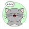 Cute Cat, Round Icon, Emoji. Gray Cat With A Whiskers Smiles, Singing La-la-la. Cloud Talk, Bubble Speech. Lettering, Handwritten