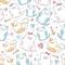 Cute cat seamless pattern with colorful nursery background for fashion textile wrapping and print. Vector illustration hand drawn