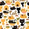 Cute cat seamless pattern for textile or wallpaper for kids with plants, colourful ornate for animal lover, pet concept