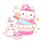 Cute cat-shaped dessert in kawaii style. Cake, muffin and cupcake with whipped cream and berry. Inscription So sweet. Can be used