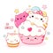 Cute cat-shaped dessert in kawaii style. Cake, muffin and cupcake with whipped cream and berry. Inscription So sweet. Can be used