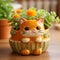 Cute Cat Shaped Flowerpot With Orange Flowers - Handmade Glazed China Design