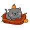 Cute cat siting on bed with orange on head cartoon illustration